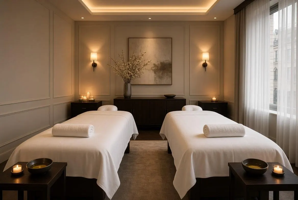 Couples massage London private treatment room with two tables in Mayfair