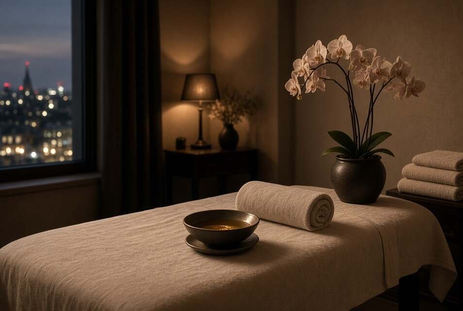 Private tantric massage room in central London, with warm oil, towels and evening city lights