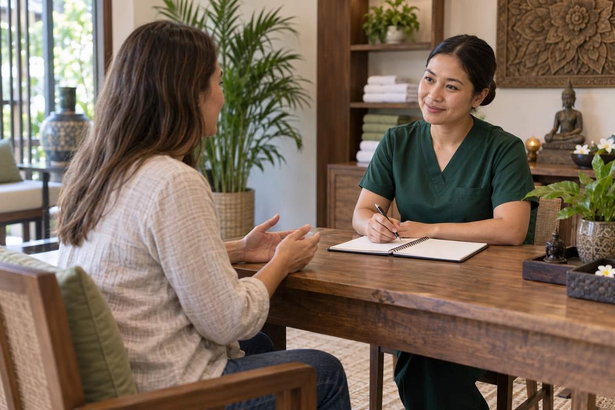 Client discussing treatment preferences with a massage therapist before an appointment