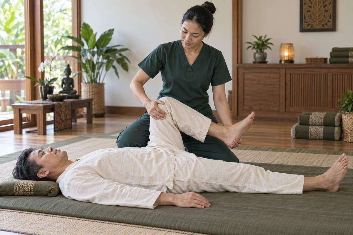 Therapist supporting a fully clothed client through a gentle assisted leg stretch