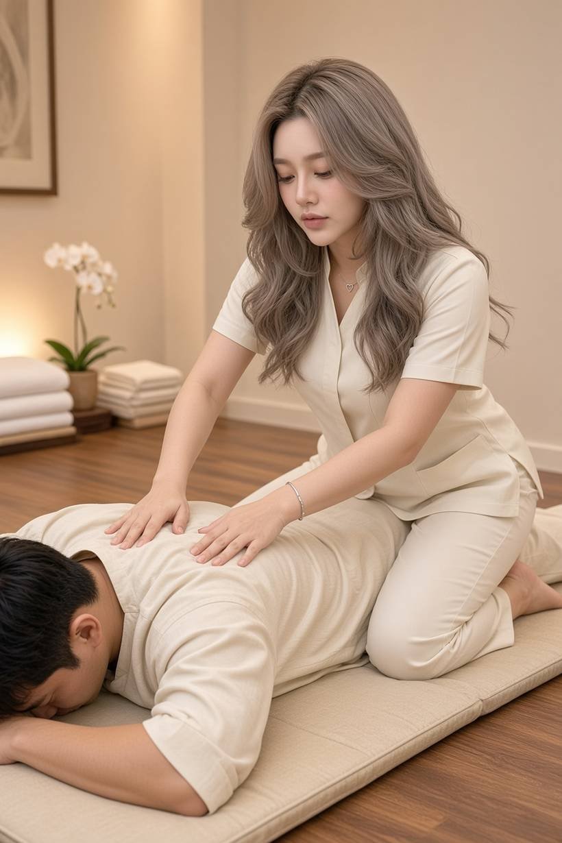 Therapist giving traditional Thai massage to a guest at Asian Touch London near Soho