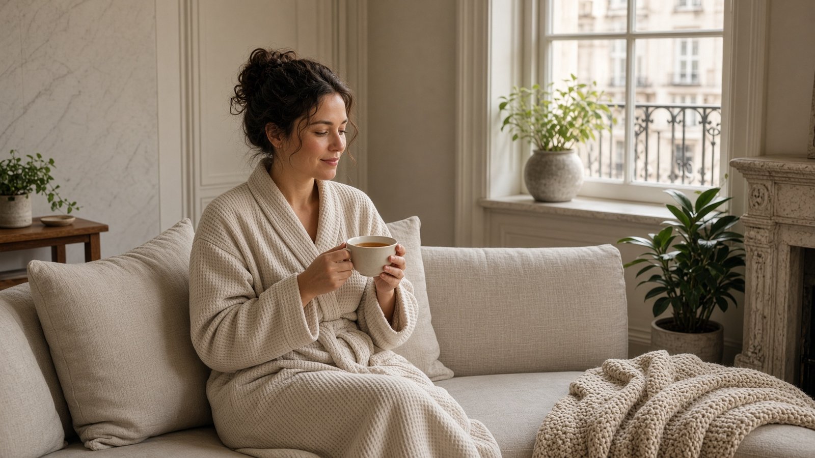 Guest resting with herbal tea in a calm London spa lounge after a Swedish massage.