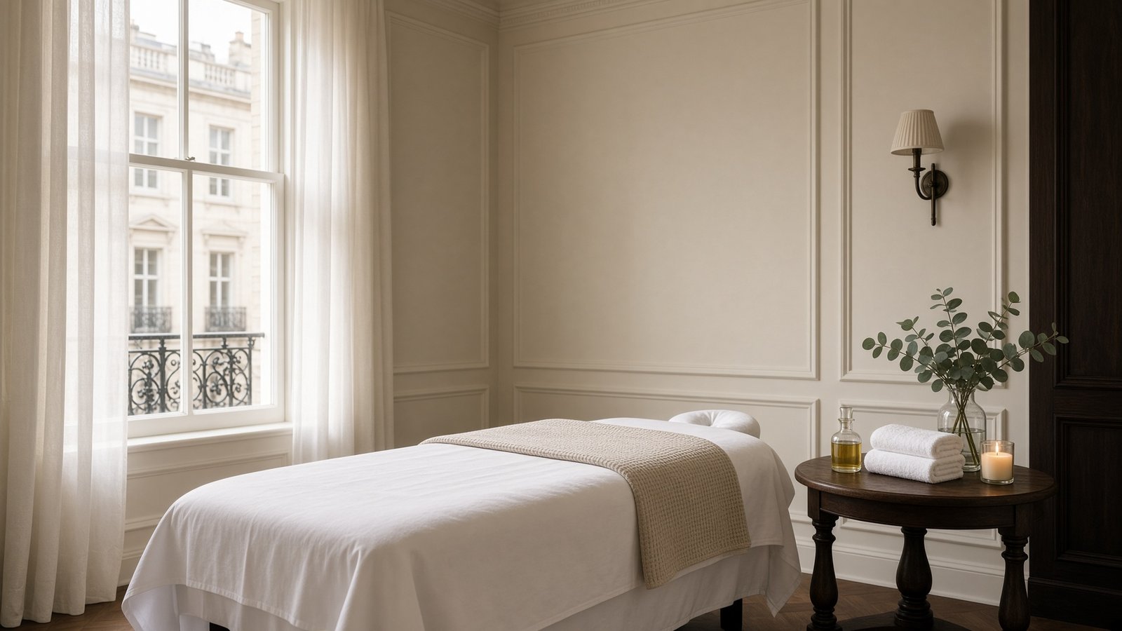 Quiet Mayfair treatment room prepared for Swedish oil massage, with white linens, warm lighting, and a bottle of massage oil by the table.