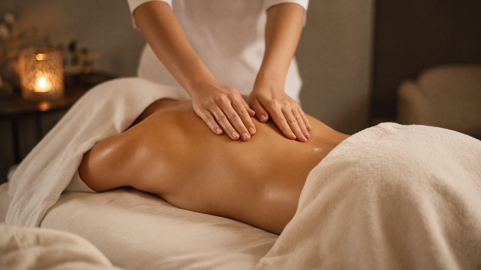 Therapist using long, flowing oil strokes on a fully draped back during a professional Swedish massage in London.