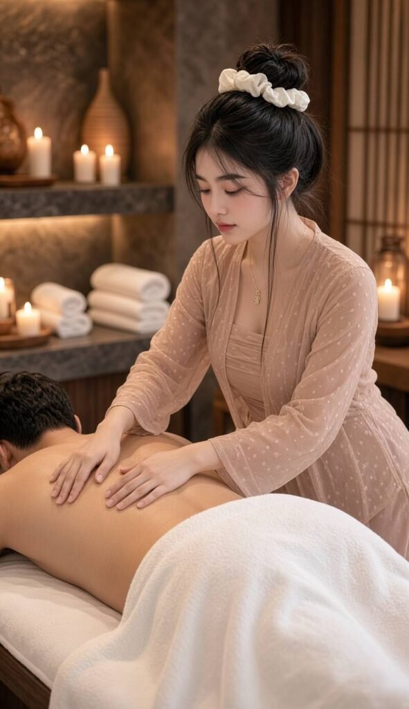 Asian massage therapist with hair in a bun giving a body-to-body massage to a man in a private luxury spa room