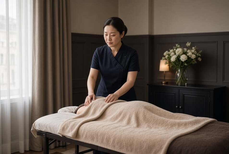 Caring Asian Touch therapist preparing a draped table for a calm tantric massage in Mayfair