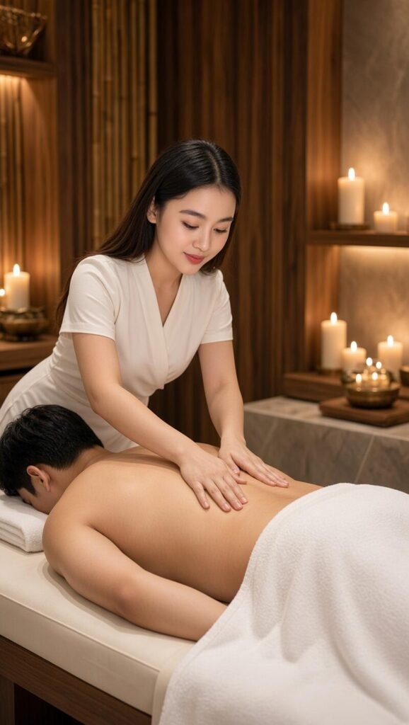 Asian massage therapist in white dress giving an erotic massage to a man in a private luxury Mayfair spa room with candles