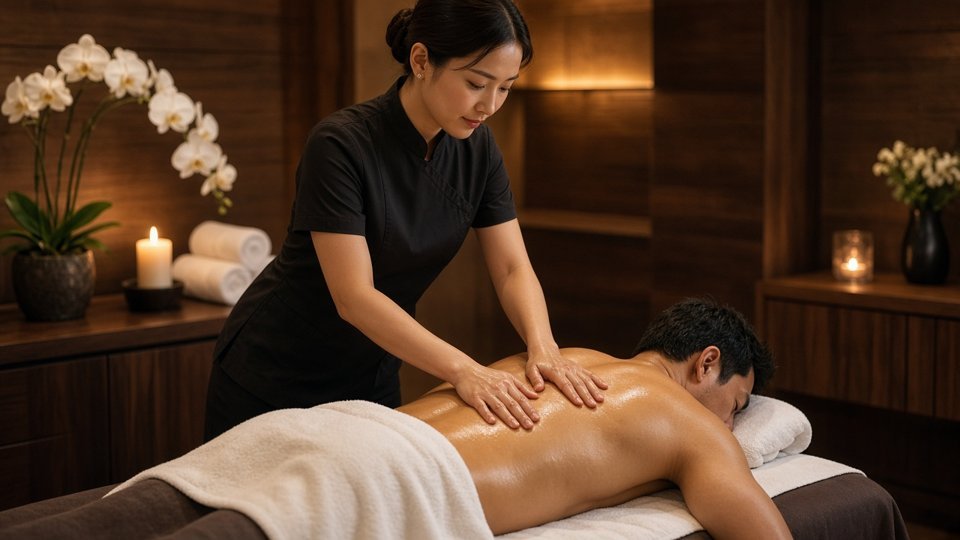 Lingam massage London therapist giving a warm oil back massage