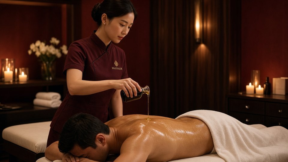 Warm oil being poured during a lingam massage session in Mayfair