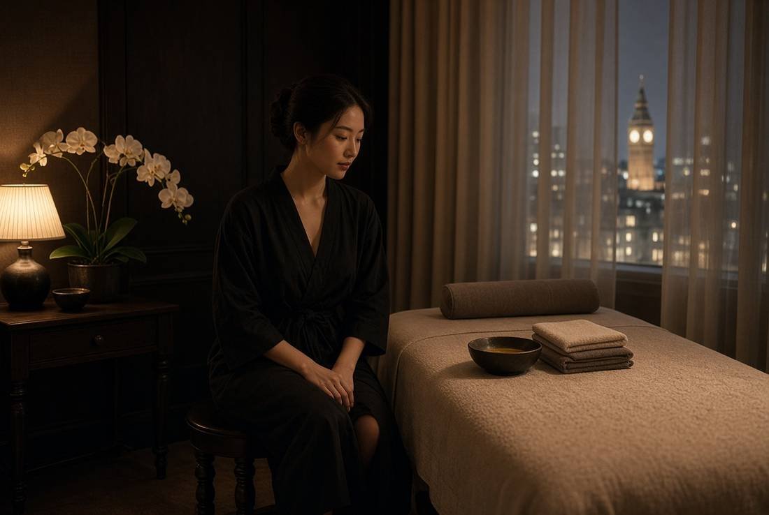 Therapist in a black robe beside a prepared massage table in a Mayfair treatment room with a London city view.