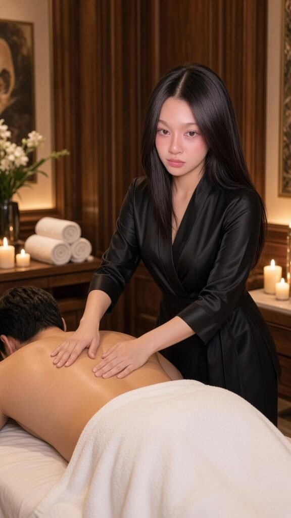 Asian massage therapist in black satin attire giving a Nuru massage to a man in a private luxury Mayfair spa room
