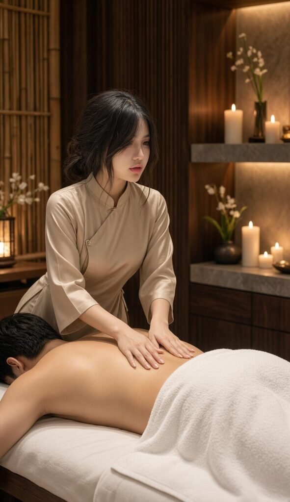 Asian massage therapist in beige traditional attire giving a sensual oil massage to a man in a private Mayfair spa room