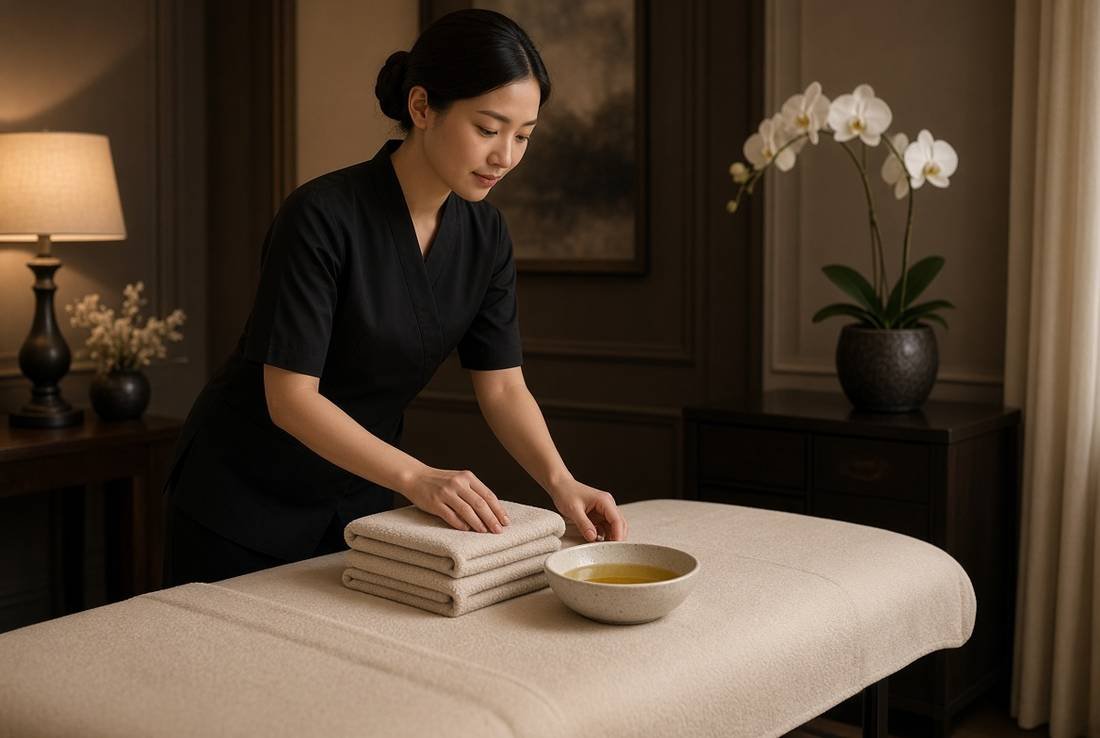 Therapist preparing towels and massage oil beside a treatment table in a private massage room.