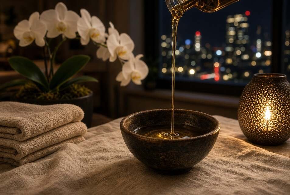 Warm massage oil prepared for a slow tantric massage in a central London studio